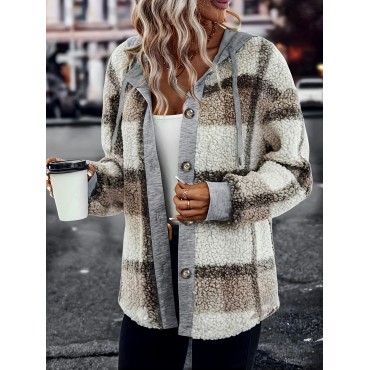 Plaid Pattern Hooded Coat, Casual Button Front Drawstring Long Sleeve Outerwear, Women's Clothing Plaid Pattern Hooded Coat, Casual Button Front Drawstring Long Sleeve Outerwear, Women's Clothing