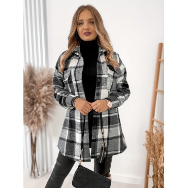 Plaid Print Shacket Jacket, Casual Button Front Long Sleeve Pocket Outerwear, Women's Clothing Plaid Print Shacket Jacket, Casual Button Front Long Sleeve Pocket Outerwear, Women's Clothing