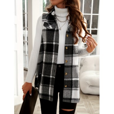 Plaid Pattern Sleeveless Vest, Casual Button Front Vest, Women's Clothing Plaid Pattern Sleeveless Vest, Casual Button Front Vest, Women's Clothing