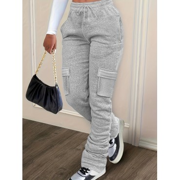 Drawstring Draped Pants, Casual Solid Long Length Pants With Pockets, Women's Clothing Drawstring Draped Pants, Casual Solid Long Length Pants With Pockets, Women's Clothing
