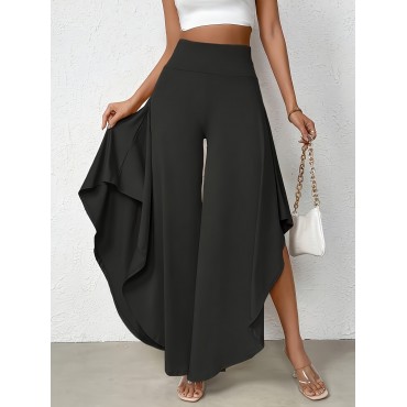 Ruffle Trim Wide Leg Split Pants, Casual Loose Pants For Spring & Summer, Women's Clothing Ruffle Trim Wide Leg Split Pants, Casual Loose Pants For Spring & Summer, Women's Clothing