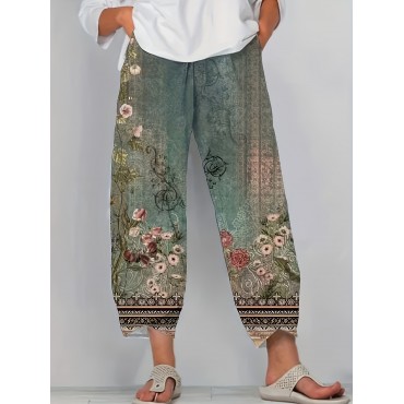 Floral Print Elastic Waist Pants, Casual Wide Leg Cropped Pants, Women's Clothing Floral Print Elastic Waist Pants, Casual Wide Leg Cropped Pants, Women's Clothing