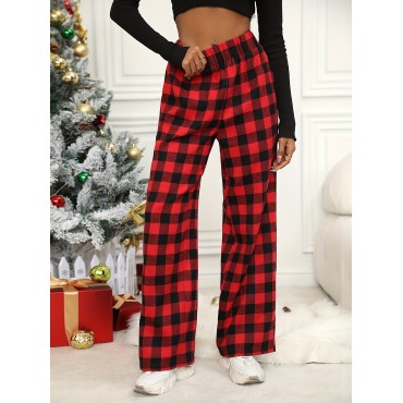 Plaid Print Wide Leg Pants, Casual Elastic Waist Slant Pocket Pants, Women's Clothing Plaid Print Wide Leg Pants, Casual Elastic Waist Slant Pocket Pants, Women's Clothing