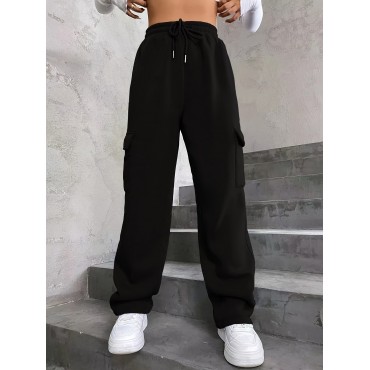 Solid High Waist Pants, Casual Drawstring Pants With Pockets, Women's Clothing Solid High Waist Pants, Casual Drawstring Pants With Pockets, Women's Clothing