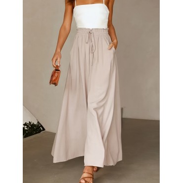 Women's Wide Leg Palazzo Pants, Flowy Ruffle Solid Pants, Women's Clothing Women's Wide Leg Palazzo Pants, Flowy Ruffle Solid Pants, Women's Clothing