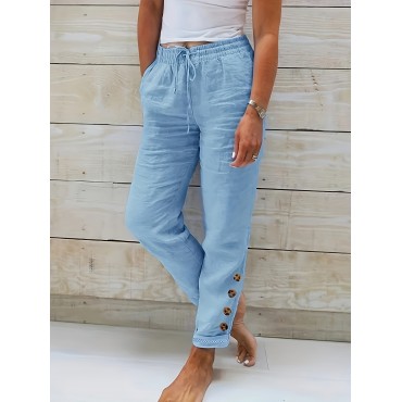 Solid Drawstring Waist Cotton Pants, Casual Slant Pocket Slim Comfy Pants, Women's Clothing Solid Drawstring Waist Cotton Pants, Casual Slant Pocket Slim Comfy Pants, Women's Clothing