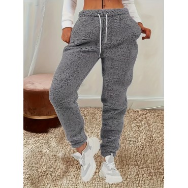 Solid Fuzzy Jogger Pants, Casual Drawstring Waist Warm Pants With Pocket, Women's Clothing Solid Fuzzy Jogger Pants, Casual Drawstring Waist Warm Pants With Pocket, Women's Clothing