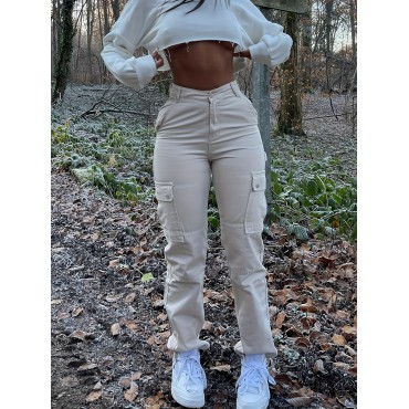 Loose Straight Cargo Pants, Casual Y2K Pocket High Waist Solid Fashion Comfy Slim Pants, Women's Clothing Loose Straight Cargo Pants, Casual Y2K Pocket High Waist Solid Fashion Comfy Slim Pants, Women's Clothing