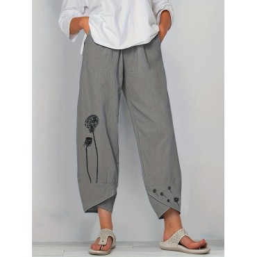 Boho Dandelion Print Harem Pants, Casual High Waist Baggy Summer Cropped Pants, Women's Clothing Boho Dandelion Print Harem Pants, Casual High Waist Baggy Summer Cropped Pants, Women's Clothing