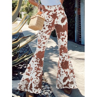 Cow Print Flare Leg Ankle Pants, Elegant Elastic Waist Slim Pants, Women's Clothing Cow Print Flare Leg Ankle Pants, Elegant Elastic Waist Slim Pants, Women's Clothing