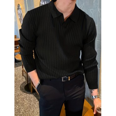 Chic Knit Shirt, Men's Casual Stylish Lapel Middle Stretch V-Neck Pullover Sweater For Winter Autumn Chic Knit Shirt, Men's Casual Stylish Lapel Middle Stretch V-Neck Pullover Sweater For Winter Autumn