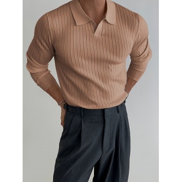 Solid Chic Knit Shirt, Men's Casual Lapel Slightly Stretch V-Neck Pullover Sweater For Autumn Winter Solid Chic Knit Shirt, Men's Casual Lapel Slightly Stretch V-Neck Pullover Sweater For Autumn Winter