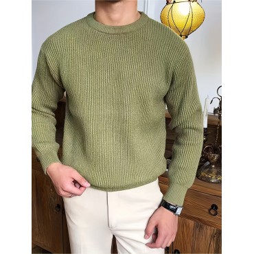Warm Texture Knitted Sweater, Men's Casual Solid Color Slightly Stretch Round Neck Pullover Sweater For Fall Winter Warm Texture Knitted Sweater, Men's Casual Solid Color Slightly Stretch Round Neck Pullover Sweater For Fall Winter