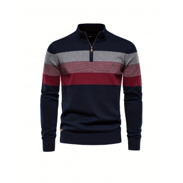 Cotton Knitted Color Block Sweater, Men's Casual Warm Slightly Stretch Half Zipper V Neck Pullover Sweater For Men Fall Winter Cotton Knitted Color Block Sweater, Men's Casual Warm Slightly Stretch Half Zipper V Neck Pullover Sweater For Men Fall Winter