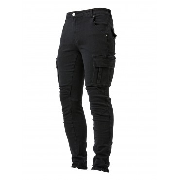 Slim Fit Cargo Jeans, Men's Casual Street Style Multi Pocket High Stretch Denim Pants For Spring Summer Slim Fit Cargo Jeans, Men's Casual Street Style Multi Pocket High Stretch Denim Pants For Spring Summer