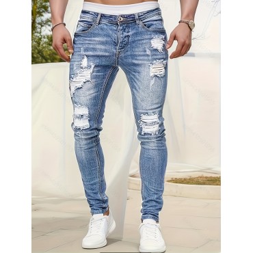 Slim Fit Ripped Jeans, Men's Casual Street Style Distressed Medium Stretch Denim Pants Slim Fit Ripped Jeans, Men's Casual Street Style Distressed Medium Stretch Denim Pants