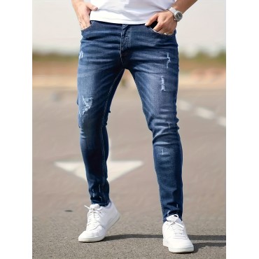 Chic Skinny Ripped Jeans, Men's Casual Street Style Medium Stretch Jeans Chic Skinny Ripped Jeans, Men's Casual Street Style Medium Stretch Jeans