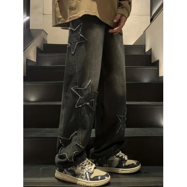 Star Pattern Baggy Jeans, Men's Casual Street Style Mopping Pants Star Pattern Baggy Jeans, Men's Casual Street Style Mopping Pants