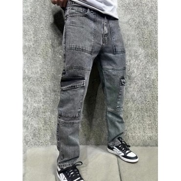 Men's Casual Multi Pocket Jeans, Chic Street Style Regular Jeans Men's Casual Multi Pocket Jeans, Chic Street Style Regular Jeans
