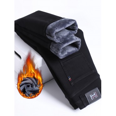 Men's Stylish Comfy Solid Denim Trousers With Pockets, Causal Breathable Fleece Slim-fit Jeans For City Walk Street Hanging Outdoor Activities Men's Stylish Comfy Solid Denim Trousers With Pockets, Causal Breathable Fleece Slim-fit Jeans For City Walk Street Hanging Outdoor Activities