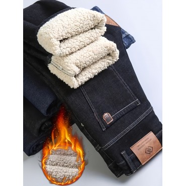 Men's Stylish Comfy Fleece Solid Denim Trousers With Pockets, Causal Breathable Slim-fit Jeans For City Walk Street Hanging Outdoor Activities Men's Stylish Comfy Fleece Solid Denim Trousers With Pockets, Causal Breathable Slim-fit Jeans For City Walk Street Hanging Outdoor Activities