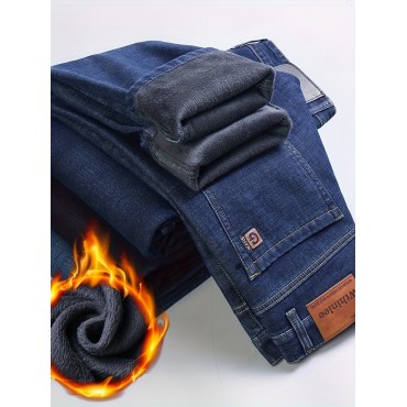 Men's Classic Design Warm Thick Jeans, Semi-formal Stretch Jeans For Business Men's Classic Design Warm Thick Jeans, Semi-formal Stretch Jeans For Business