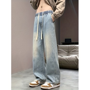 Wide Leg Cotton Blend Drawstring Jeans, Men's Casual Street Style Loose Fit Denim Pants For Spring Summer Wide Leg Cotton Blend Drawstring Jeans, Men's Casual Street Style Loose Fit Denim Pants For Spring Summer